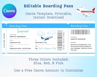 Plantilla de tarjeta de embarque editable en Canva: billete de avión falso imprimible / Regalo sorpresa para vacaciones / Descarga instantánea / Billete de avión