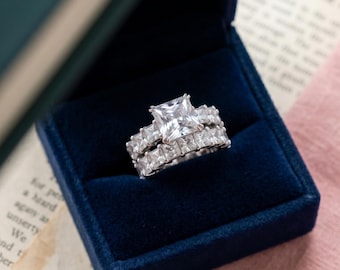 Anillo de compromiso simulado de corte princesa de 1,5 quilates, conjunto nupcial de plata de ley 925, conjunto de anillos de boda para mujer, anillo de promesa clásico, regalo de aniversario