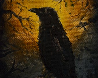 raven with moon original acrylic painting 4x6”