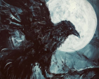 Raven full moon original painting