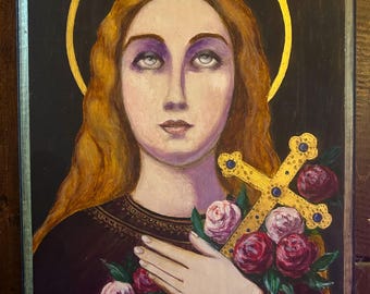 saint Margaret icon style original painting egg tempera on wood
