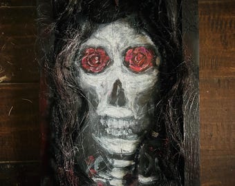Santa Muerte handmade mixed media art piece on wood. One of a kind