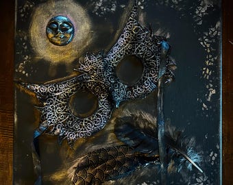 Owl Moon original painting with real feathers. Handmade. One of a kind