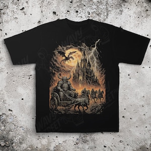Dark Fantasy Graphic Tee: Gothic Castle, Dragon & Knights Art