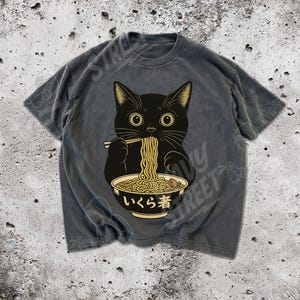 Cute Cat Eating Noodle Shirt Noodle Cat Shirt, Ramen Cat T-Shirt, Black Cat Noodle T-Shirts, Retro Tees, Cat Lover, Gift