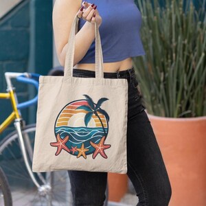 Starfish Beach Tote Bag: Sunset Ocean Waves, Eco-Friendly Cotton Canvas