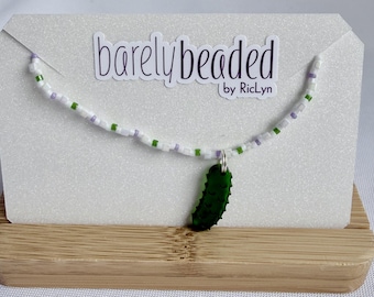 Beaded Pickle Charm Bracelet | Micro Seed Beads, Acrylic Charm, Sterling Silver; 14k Gold Plated