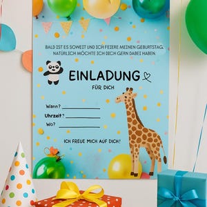 Uitnodiging, kinderfeestje, dierenuitnodiging, panda, giraffe verjaardagskaart, uitnodigingskaart kleurrijke ballonnen, vul de uitnodiging zelf in