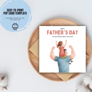 Tarjeta imprimible del Día del Padre / Ilustración en acuarela de padre e hija / Tarjeta cuadrada de amor en PDF / Descarga instantánea / Tamaño A4 y Carta EE. UU.