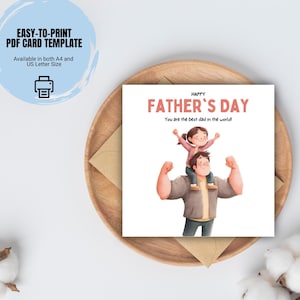 Tarjeta imprimible del Día del Padre / Ilustración en acuarela de padre e hija / Tarjeta cuadrada de amor en PDF / Descarga instantánea / Tamaño A4 y Carta EE. UU.