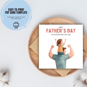 Tarjeta imprimible del Día del Padre / Ilustración en acuarela de padre e hija / Tarjeta cuadrada de amor en PDF / Descarga instantánea / Tamaño A4 y Carta EE. UU.
