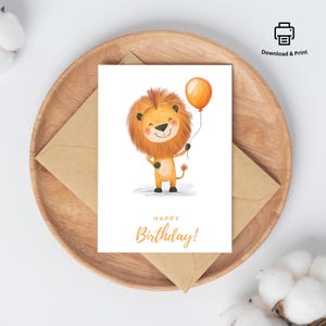 Printable Lion Birthday Card | Cute Kids Animal Card | Balloon Lion Art | Instant Download PDF | 5×7 & 4×6 A4/US Letter | Square Card