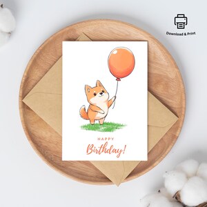 Printable Shiba Dog Birthday Card | Cute Kids Dog Card | Balloon Dog Art | Instant Download PDF | 5×7 & 4×6 A4 US Letter