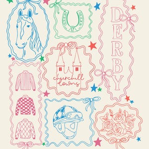 May include: A cream-colored illustration featuring elements of horse racing. It includes a horse head, horseshoe, jockey silks, a helmet, and roses, all framed with decorative borders and bows. The word "DERBY" is vertically displayed.
