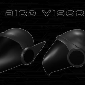 Peut inclure: Deux masques noirs "Bird Visor" sont présentés sur un fond sombre avec un motif de circuit imprimé. Les masques ont une forme de bec d'oiseau avec une ouverture oculaire circulaire et une pièce latérale en forme d'aile. Le texte "BIRD VISOR" est au-dessus.