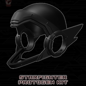 May include: A black plastic helmet with a futuristic design. The helmet has a visor and a wing-like structure on the side. The text "STARFIGHTER PROTOGEN KIT" is printed below the helmet.