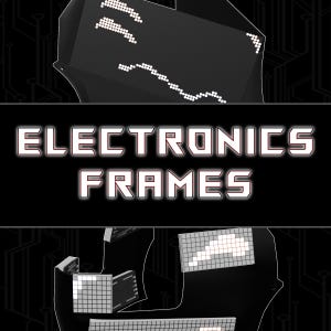 May include: Black and white image of three different electronic frames with a white pixelated design. The frames are arranged in a triangular shape. The text "ELECTRONICS FRAMES" is displayed in white letters on a black background.