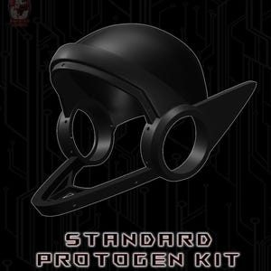 May include: A black plastic helmet with a visor and two large circular openings on the sides. The helmet is labelled "STANDARD PROTOGEN KIT".