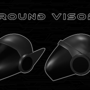 May include: Two black helmets with a round visor and a single earpiece on each side. The helmets have a wing-like design on the side. The text "ROUND VISOR" is displayed above the helmets.