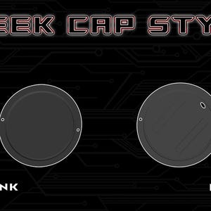 May include: Four different cheek cap styles for a vape mod. The styles are labelled "Blank", "Nano", and two unnamed styles.