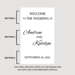 Puede incluir: Un cartel de bienvenida de boda con el texto "Bienvenido a la boda de Andrew y Katelyn el 20 de septiembre de 2025". El cartel est&aacute; dividido en tres secciones.