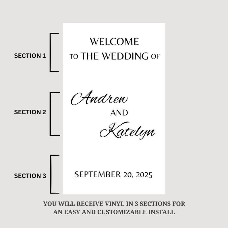 Puede incluir: Un cartel de bienvenida de boda con el texto "Bienvenido a la boda de Andrew y Katelyn el 20 de septiembre de 2025". El cartel est&aacute; dividido en tres secciones.
