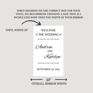 Puede incluir: Un cartel de boda en blanco y negro con el texto "Bienvenido a la boda de Andrew y Katelyn, 20 de septiembre de 2025". El cartel tiene 71 cm de ancho y est&aacute; dise&ntilde;ado para colocarse en un espejo de 76 cm de ancho.