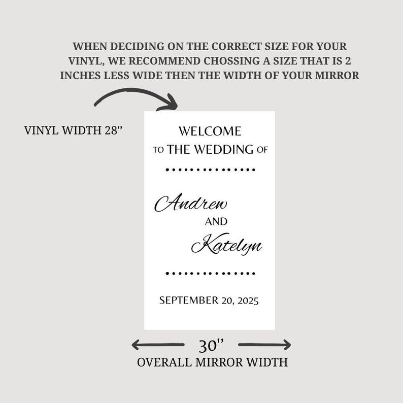 Puede incluir: Un cartel de boda en blanco y negro con el texto "Bienvenido a la boda de Andrew y Katelyn, 20 de septiembre de 2025". El cartel tiene 71 cm de ancho y est&aacute; dise&ntilde;ado para colocarse en un espejo de 76 cm de ancho.