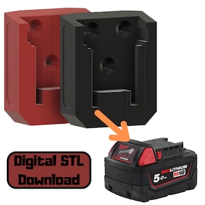 May include: Two 3D printed black and red battery holders for a Milwaukee M18 battery. The holders are designed to be mounted on a wall or other surface. The image also shows a Milwaukee M18 5.0 Ah battery.