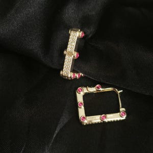 Gold Square Hoop Earrings – Pink Gem Stainless Steel Huggies, Dainty Sparkling Gift for Her