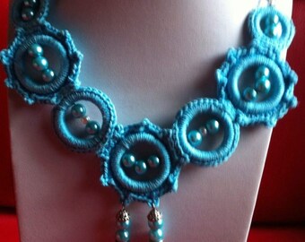 Gehaakte turquoise ketting, katoenen bohostijl met kralen, hypoallergene zilveren ketting