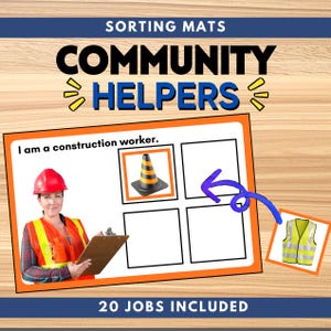 May include: Sorting mats for community helpers. The image shows a construction worker with a red helmet and orange vest. The mat includes a traffic cone and a yellow safety vest. Text on the mat reads "I am a construction worker" and "20 jobs included."