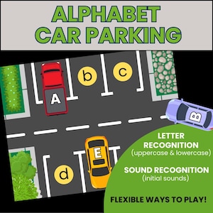 Coches del alfabeto, reconocimiento de letras y sonidos, emparejamiento del abecedario, conocimiento de letras y sonidos, juego de lectoescritura, conciencia fonológica, camiones, vehículos