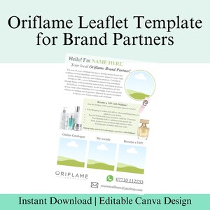 Puede incluir: Una plantilla de folleto promocional para los socios de la marca Oriflame. El diseño presenta el logotipo de Oriflame, imágenes de productos y texto. El folleto incluye secciones para un mensaje de bienvenida, beneficios VIP e información de contacto. Descarga instantánea y editable en Canva.