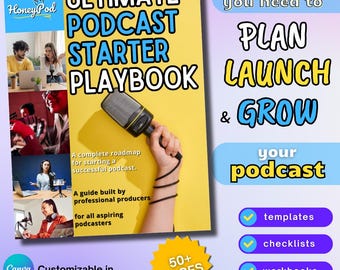 Kit de inicio de podcast / Guía de lanzamiento / Planificador de podcast / Rastreador de monetización / Formulario de autorización para invitados / Plantilla editable de Canva / Guía de podcast