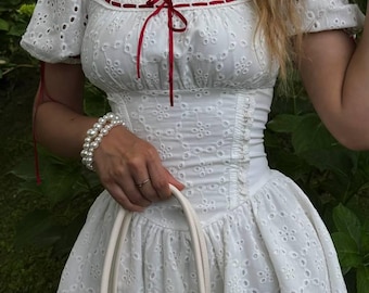 Vestido retro con mangas abullonadas y escote cuadrado / Vestido veraniego ajustado con lazo en contraste / Vestido estilo vintage para mujer talla S/M