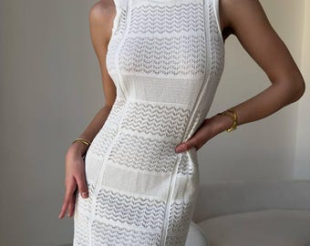 Vestido playero bohemio de punto: vestido largo de crochet, traje de baño de verano, vestido transparente para resort, atuendo para vacaciones, talla única