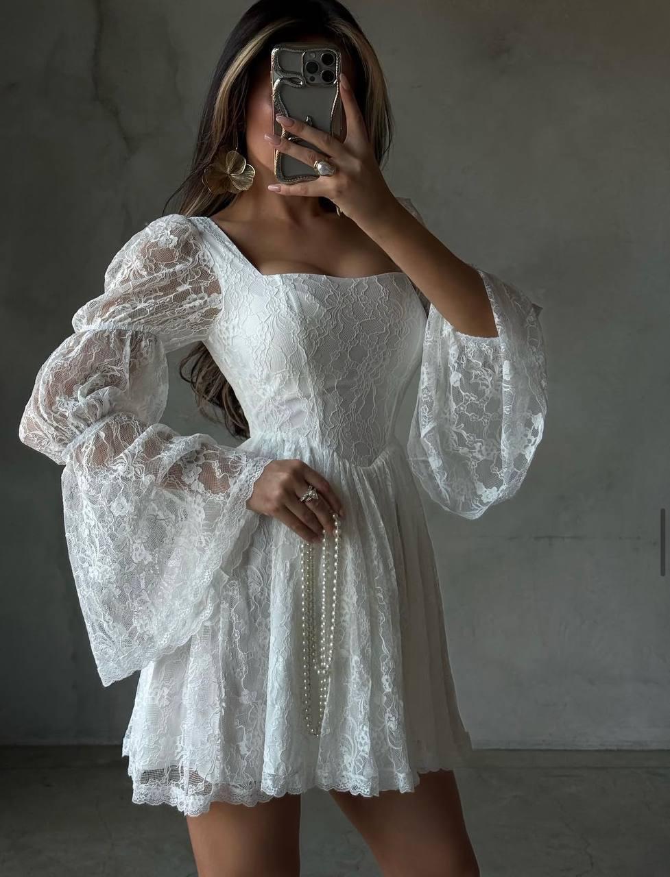 Minivestido de encaje blanco con mangas abullonadas / Elegante vestido de fiesta de corte A con forro / Vestido de despedida de soltera / Vestido corto color leche 42-48