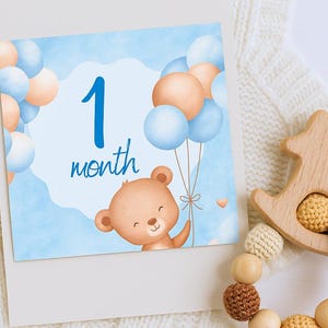Baby Monatskarten in Blau von Neugeborenen bis 1 Jahr + erste Meilensteine | Sofort Download