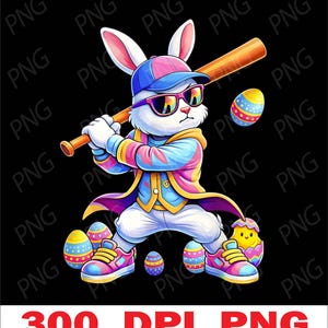 May include: A cartoon illustration of a white bunny wearing a baseball cap and sunglasses, holding a baseball bat. The bunny is surrounded by colorful Easter eggs and a chick hatching from an egg. The image has the text "300 DPI PNG" at the bottom.