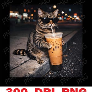 May include: A tabby cat wearing sunglasses is sitting on a curb and drinking from a large iced coffee. The cat is holding the cup with both paws. The background is blurred with city lights.