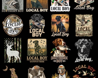 Op de afbeelding: Een verzameling jacht-thema grafische ontwerpen met honden, eenden en herten. De ontwerpen bevatten de tekst "Local Boy" en "Southern Boy" in verschillende lettertypen en stijlen, met camouflage- en buitenelementen.
