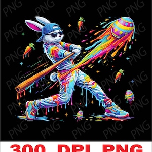 Puede incluir: Ilustración colorida de un conejo con uniforme de béisbol bateando un huevo de Pascua decorado. La imagen presenta salpicaduras de pintura arcoíris, zanahorias y estrellas sobre un fondo negro. El texto "300 DPI PNG" está en la parte inferior.