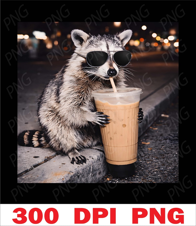 Personalized Funny Raccoon PNG, Funny Raccoon drinking Coffee PNG, Funny Animal Clipart, Funny Animal Meme Png image 4