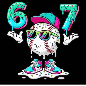 May include: A cartoon illustration on a black background features a baseball character wearing sunglasses and a cap, with the numbers "6" and "7" made of dripping frosting. The baseball has sneakers and white gloves. The text "300 DPI PNG" is at the bottom.