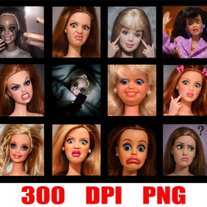 Puede incluir: Un collage de caras de muñecas con diversas expresiones, incluyendo sorpresa, enfado y tristeza. Las muñecas tienen diferentes colores y estilos de cabello. La parte inferior de la imagen muestra el texto "300 DPI PNG".