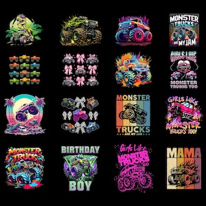 Könnte beinhalten: Eine Sammlung farbenfroher Monster-Truck-Designs auf schwarzem Hintergrund. Die Designs umfassen verschiedene Trucks mit Flammen, Schleifen und Texten wie "Monster Trucks Are My Jam" und "Birthday Boy".