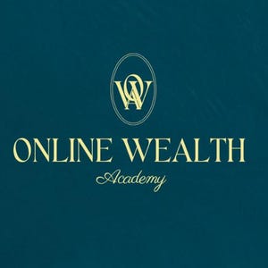 May include: A teal background with the words "ONLINE WEALTH Academy" in a gold serif font. Above the text is a gold emblem with the letters "W" and "A" inside an oval.