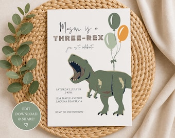 Moderne Drei-Rex-Dinosaurier-Party-Einladung: Bearbeitbare Canva-Vorlage