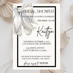 Bow Bridal Shower Invitation: Black & White, Editable Canva Template